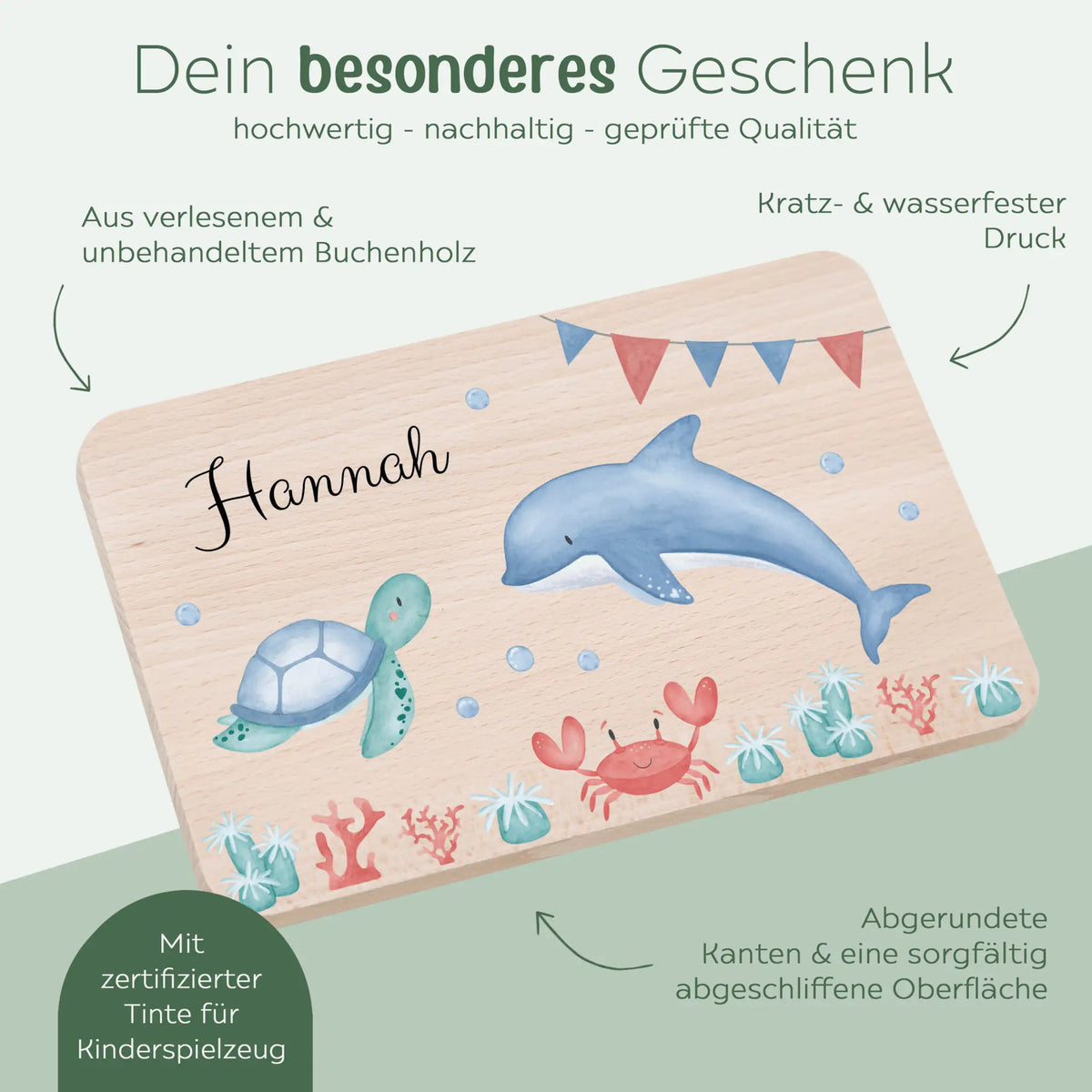 Frühstücksbrettchen personalisiert - Meeresfreunde Girlande Aquarell - wunderwunsch