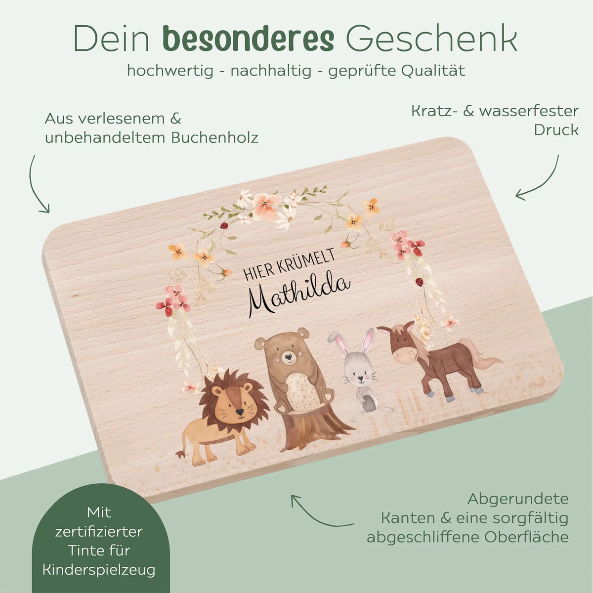 Frühstücksbrettchen personalisiert - Tiere Blumenkreis rosa Aquarell - wunderwunsch