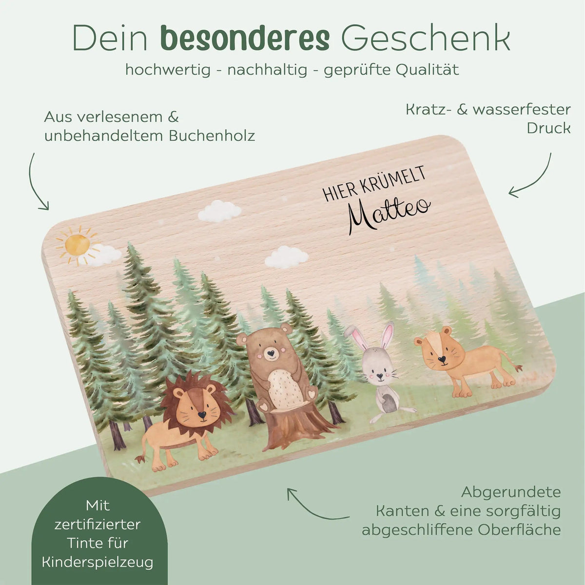 Frühstücksbrettchen personalisiert - Tiere Nadelwald Aquarell - wunderwunsch