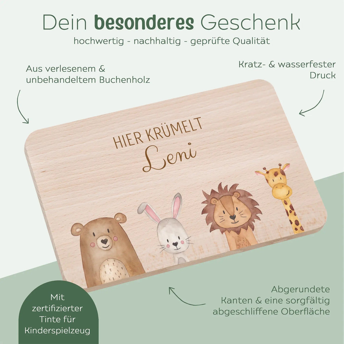 Frühstücksbrettchen personalisiert - Tiere unten Aquarell - wunderwunsch