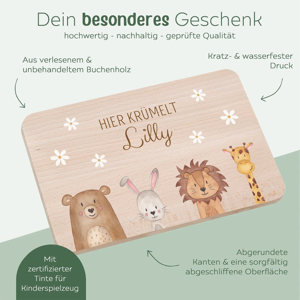 Frühstücksbrettchen personalisiert - Tiere unten Blümchen Aquarell - wunderwunsch