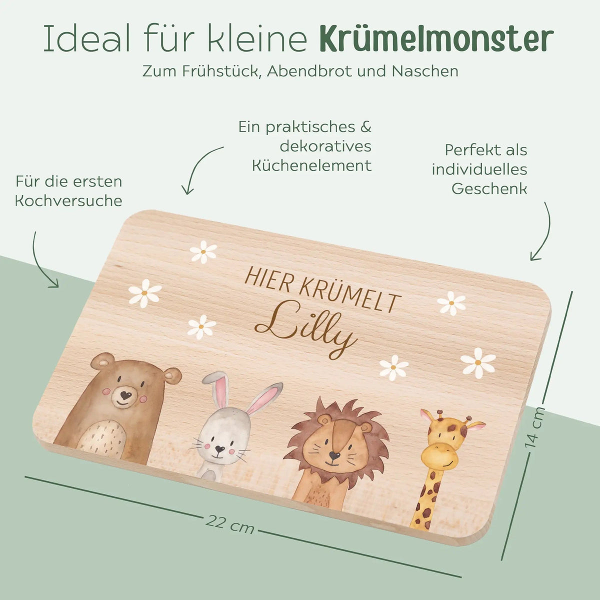 Frühstücksbrettchen personalisiert - Tiere unten Blümchen Aquarell - wunderwunsch