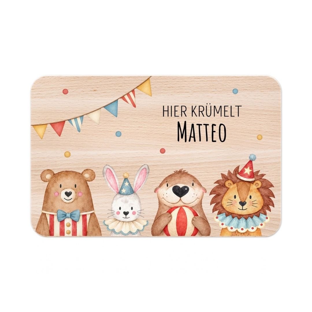 Frühstücksbrettchen personalisiert - Zirkustiere unten Girlande Aquarell - wunderwunsch