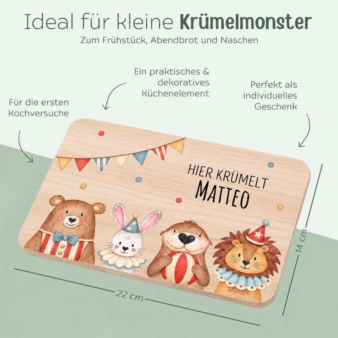 Frühstücksbrettchen personalisiert - Zirkustiere unten Girlande Aquarell - wunderwunsch