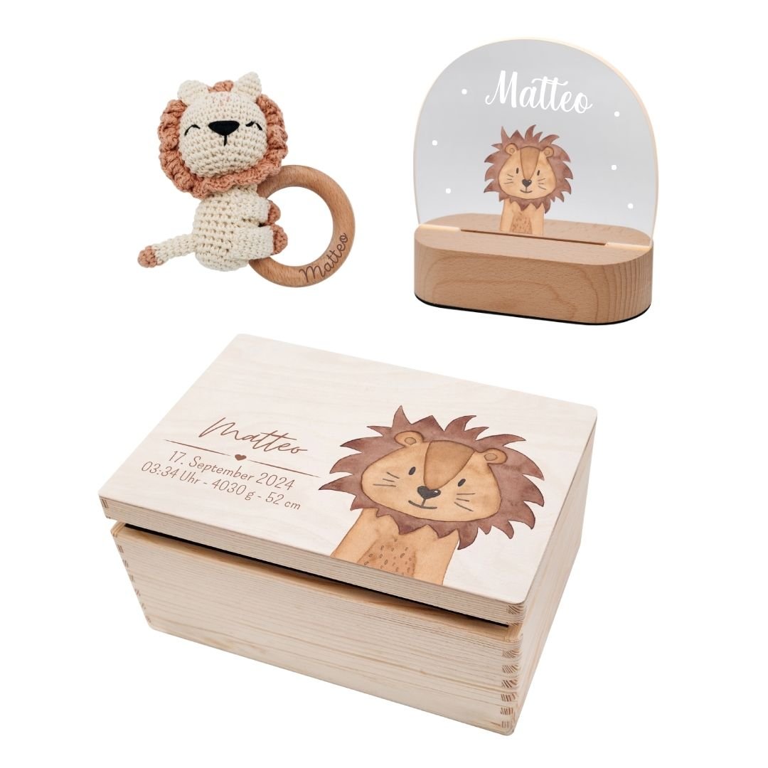 Geschenkset zur Geburt personalisiert — Erinnerungsbox, Nachtlicht & Greifling - wunderwunsch