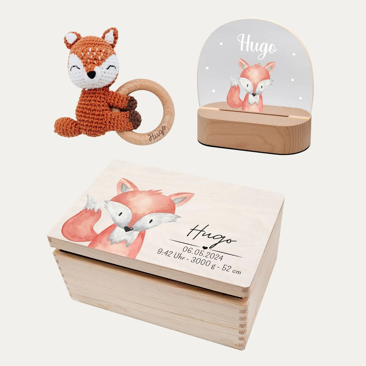 Geschenkset zur Geburt personalisiert — Erinnerungsbox, Nachtlicht & Greifling - wunderwunsch