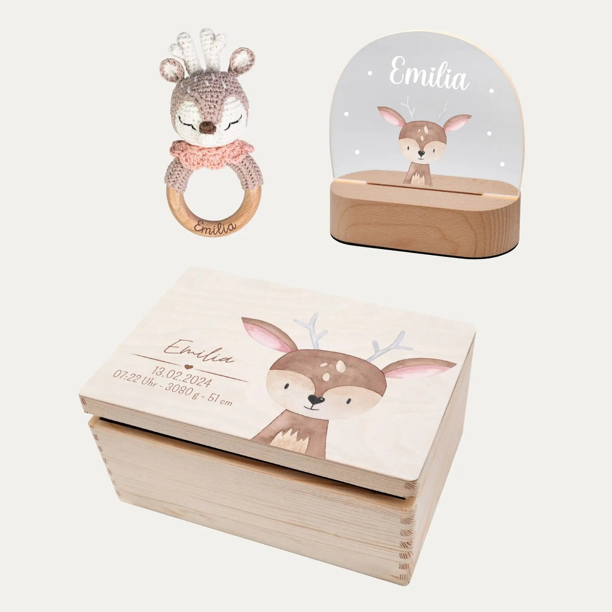 Geschenkset zur Geburt personalisiert — Erinnerungsbox, Nachtlicht & Greifling - wunderwunsch