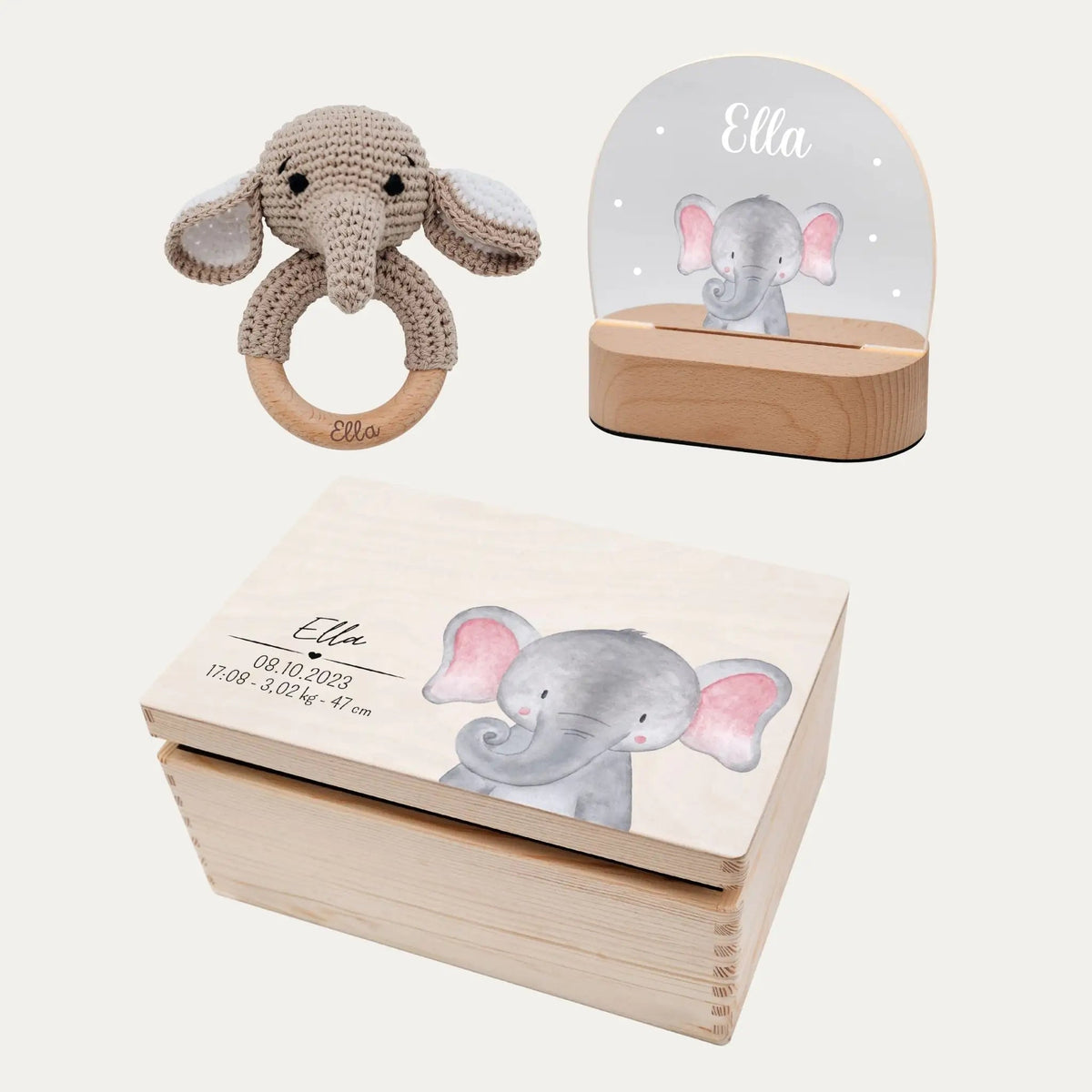 Geschenkset zur Geburt personalisiert — Erinnerungsbox, Nachtlicht & Greifling - wunderwunsch