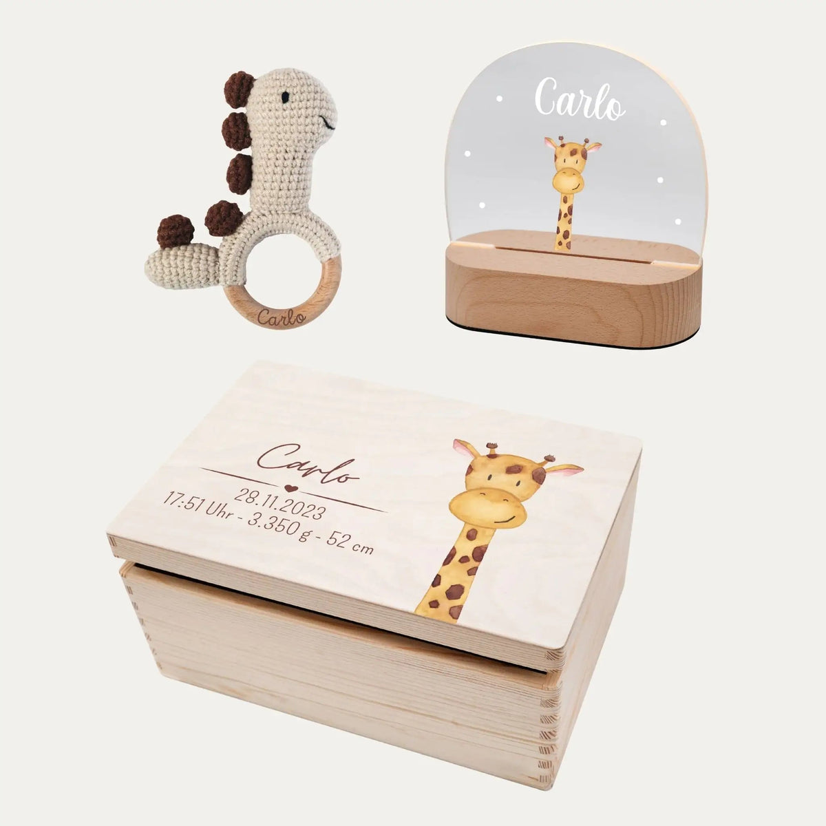 Geschenkset zur Geburt personalisiert — Erinnerungsbox, Nachtlicht & Greifling - wunderwunsch