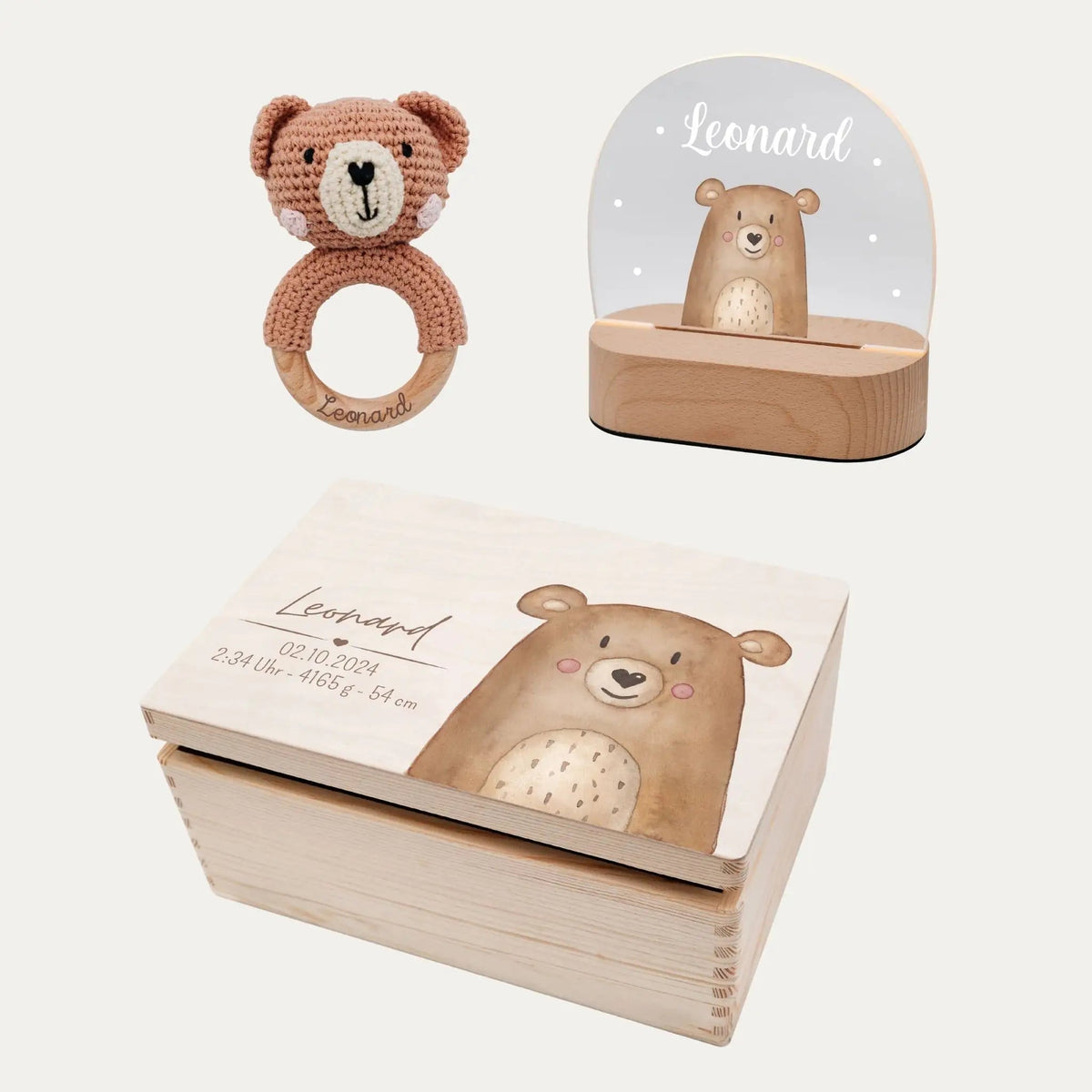 Geschenkset zur Geburt personalisiert — Erinnerungsbox, Nachtlicht & Greifling - wunderwunsch
