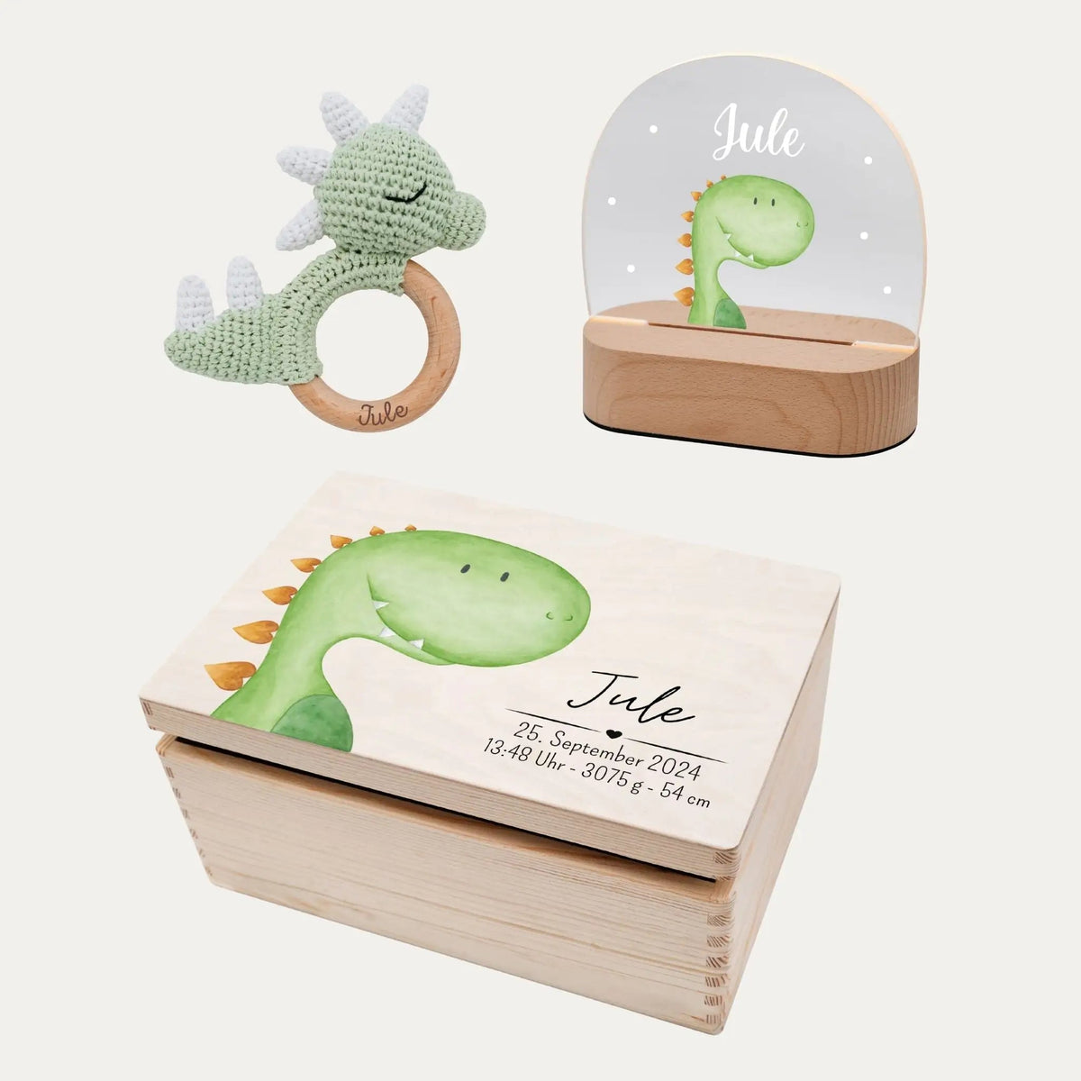 Geschenkset zur Geburt personalisiert — Erinnerungsbox, Nachtlicht & Greifling - wunderwunsch