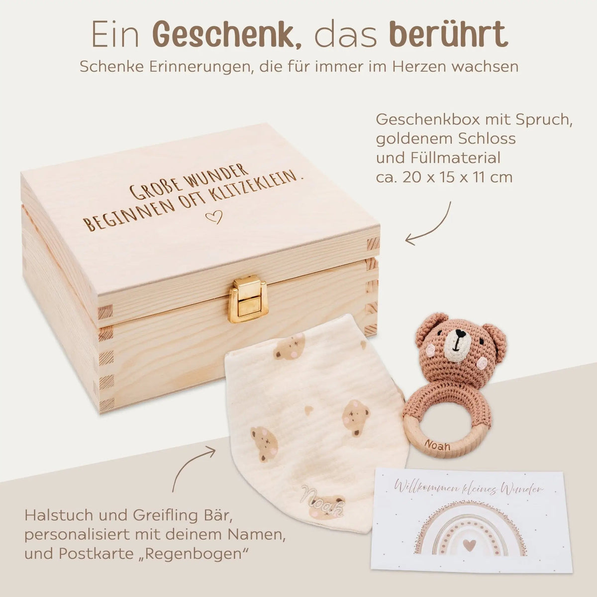 Geschenkbox Geburt - Bär Greifling + Halstuch + Postkarte - wunderwunsch