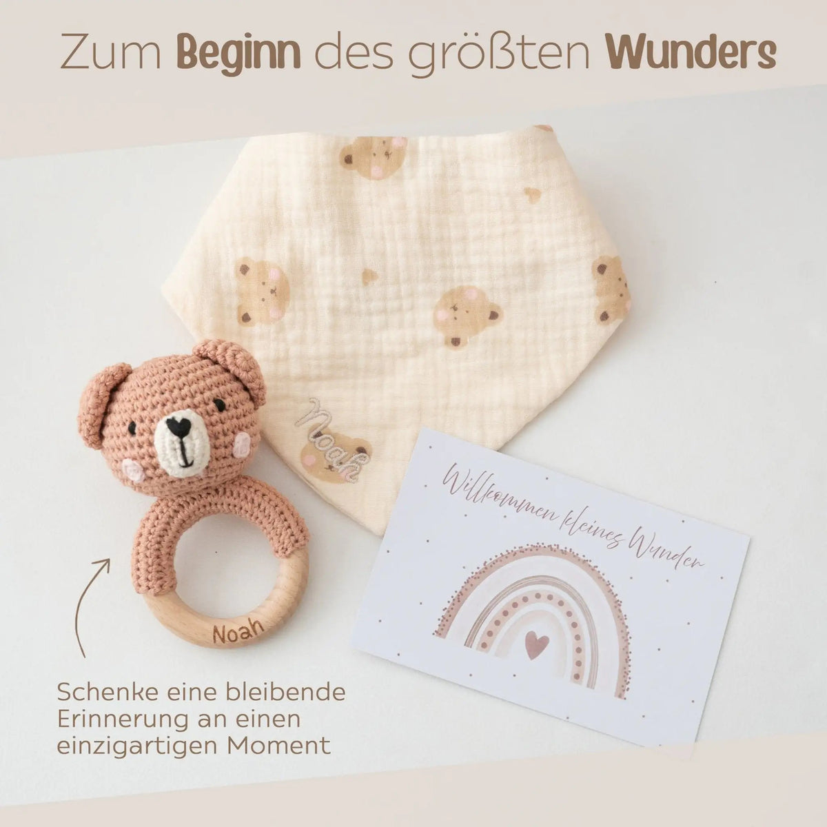 Geschenkbox Geburt - Bär Greifling + Halstuch + Postkarte - wunderwunsch