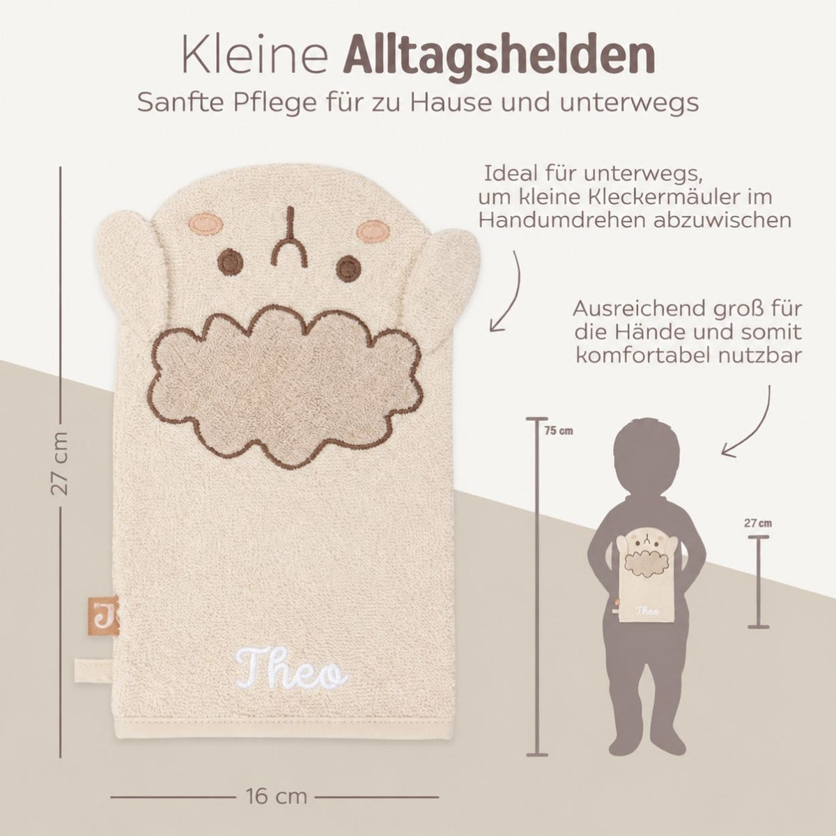 JOLLEIN Baby Waschhandschuh personalisiert - Hippo, Schaf, Strauß - wunderwunsch
