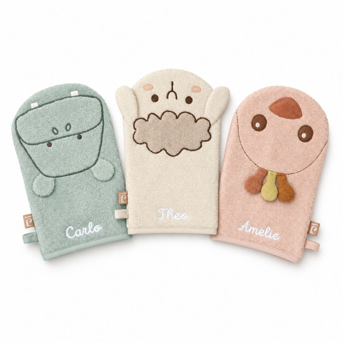 JOLLEIN Baby Waschhandschuh personalisiert - Hippo, Schaf, Strauß - wunderwunsch