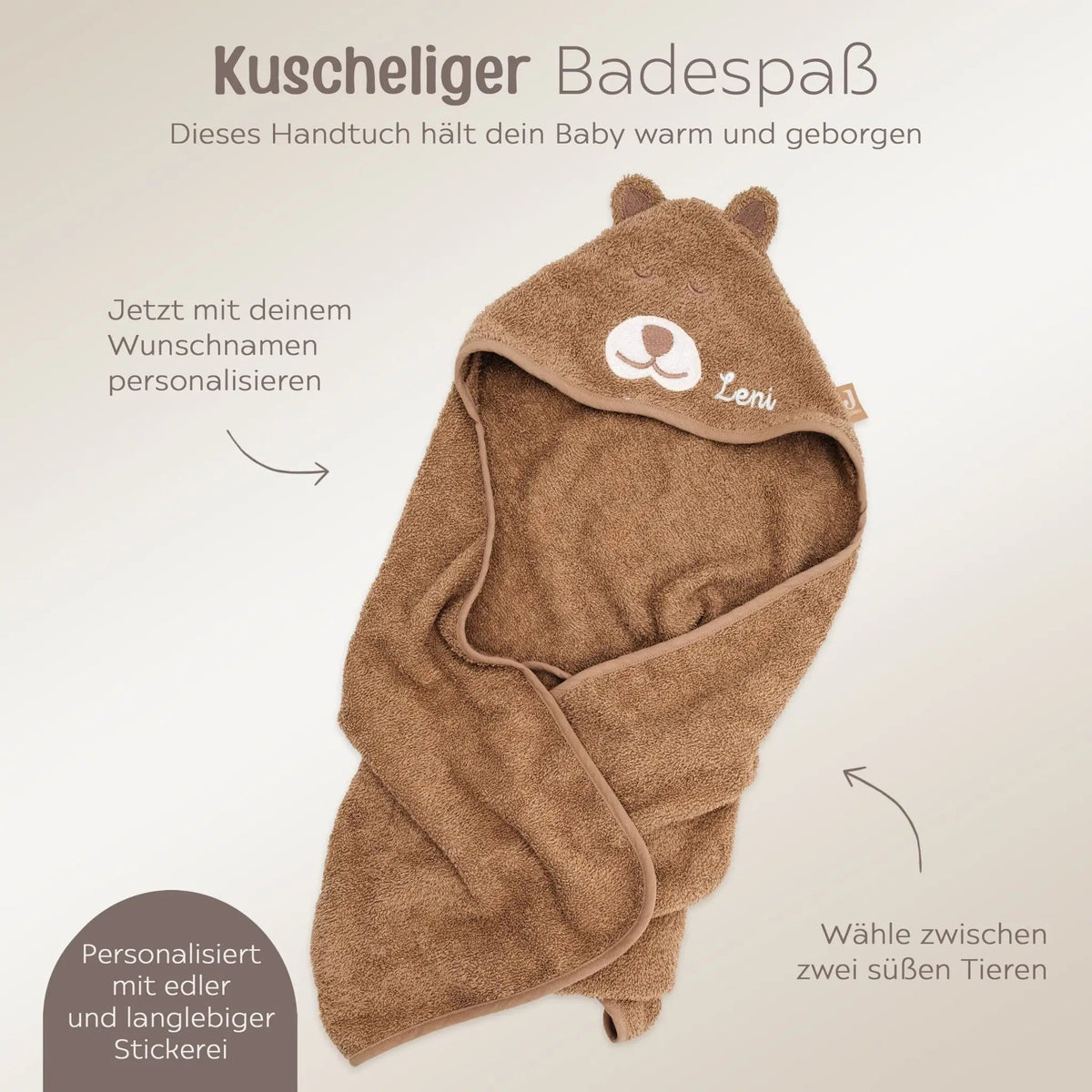 JOLLEIN Baby Kapuzenhandtuch Frottee personalisiert - Dino, Bär - wunderwunsch