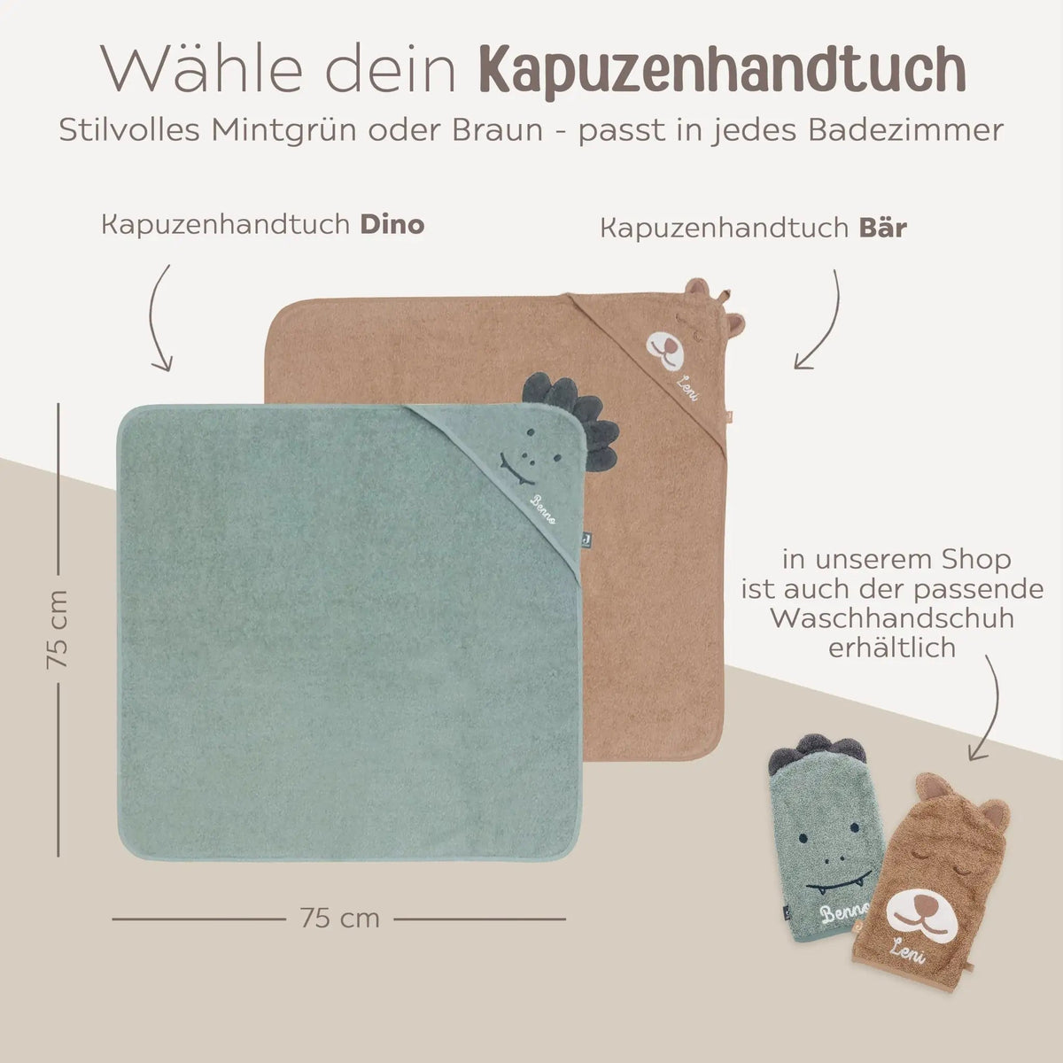 JOLLEIN Baby Kapuzenhandtuch Frottee personalisiert - Dino, Bär - wunderwunsch