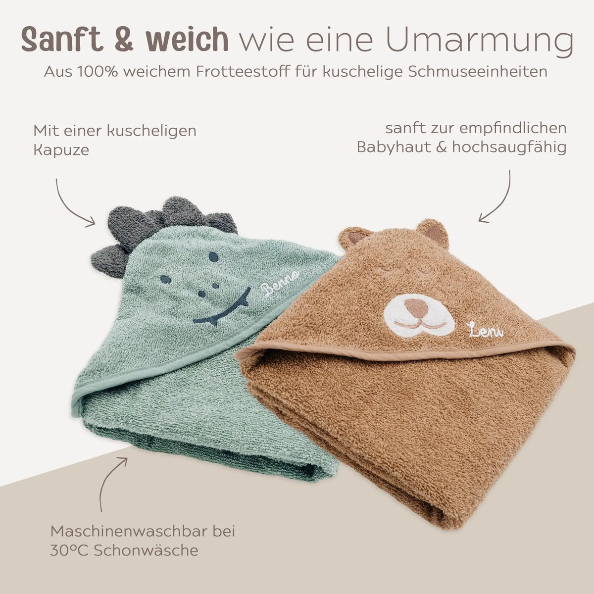 JOLLEIN Baby Kapuzenhandtuch Frottee personalisiert - Dino, Bär - wunderwunsch