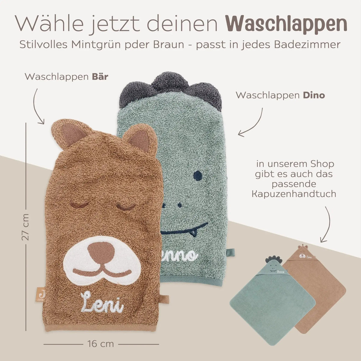 JOLLEIN Baby Waschhandschuh personalisiert - Dino, Bär - wunderwunsch
