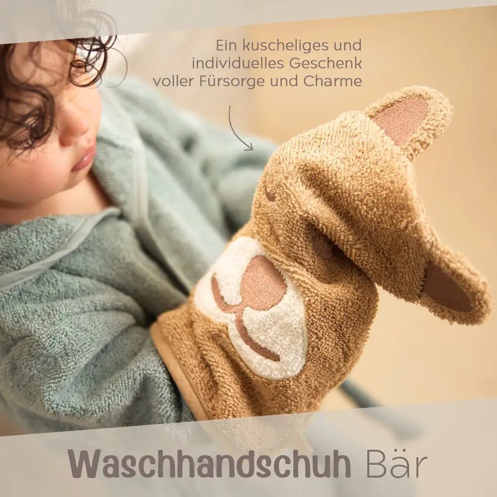 JOLLEIN Baby Waschhandschuh personalisiert - Dino, Bär - wunderwunsch