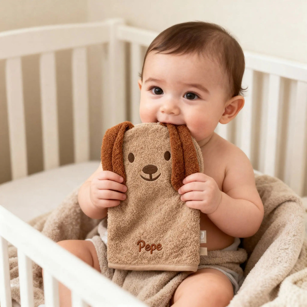 JOLLEIN Baby Waschhandschuh personalisiert - Hund, Katze - wunderwunsch