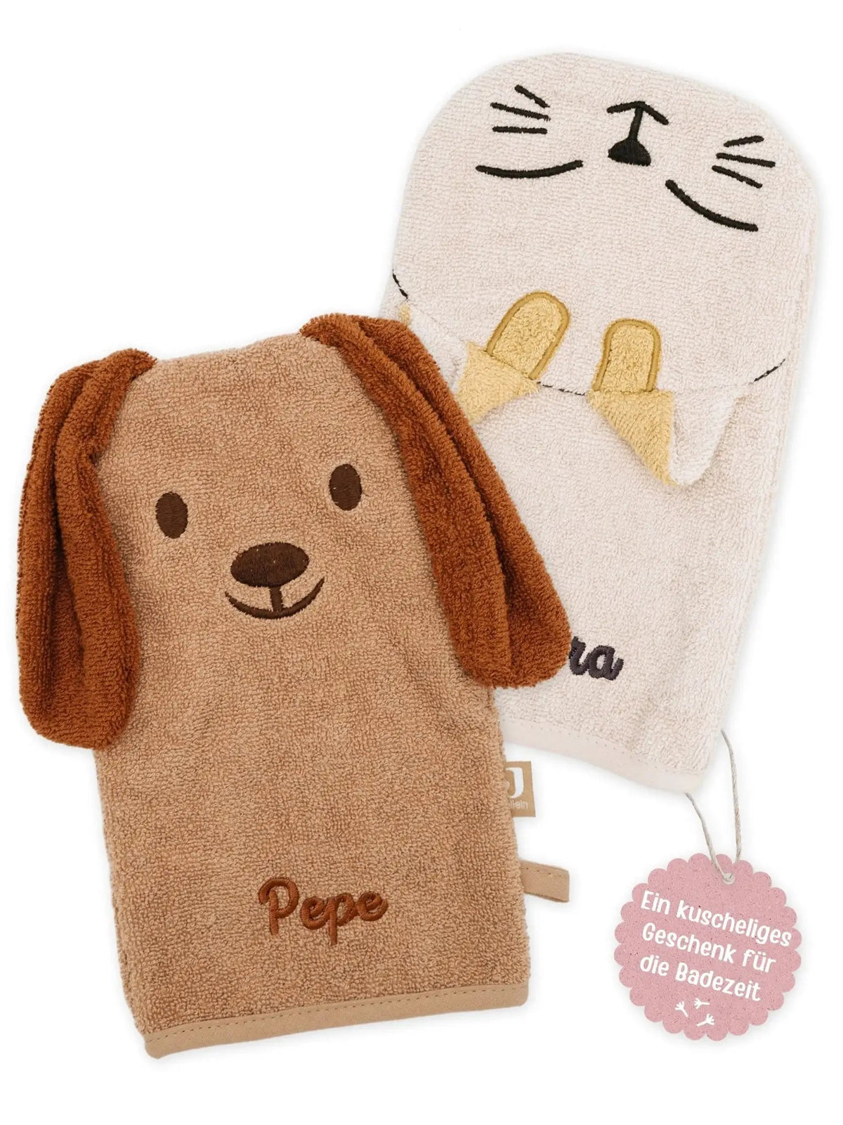 JOLLEIN Baby Waschhandschuh personalisiert - Hund, Katze - wunderwunsch