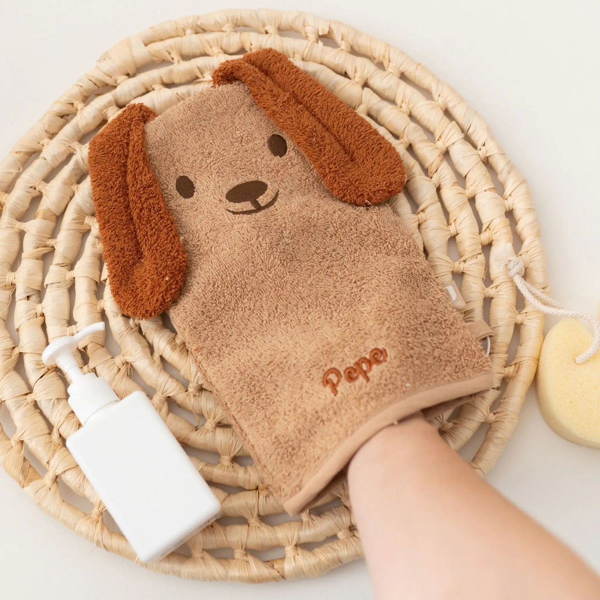 JOLLEIN Baby Waschhandschuh personalisiert - Hund, Katze - wunderwunsch