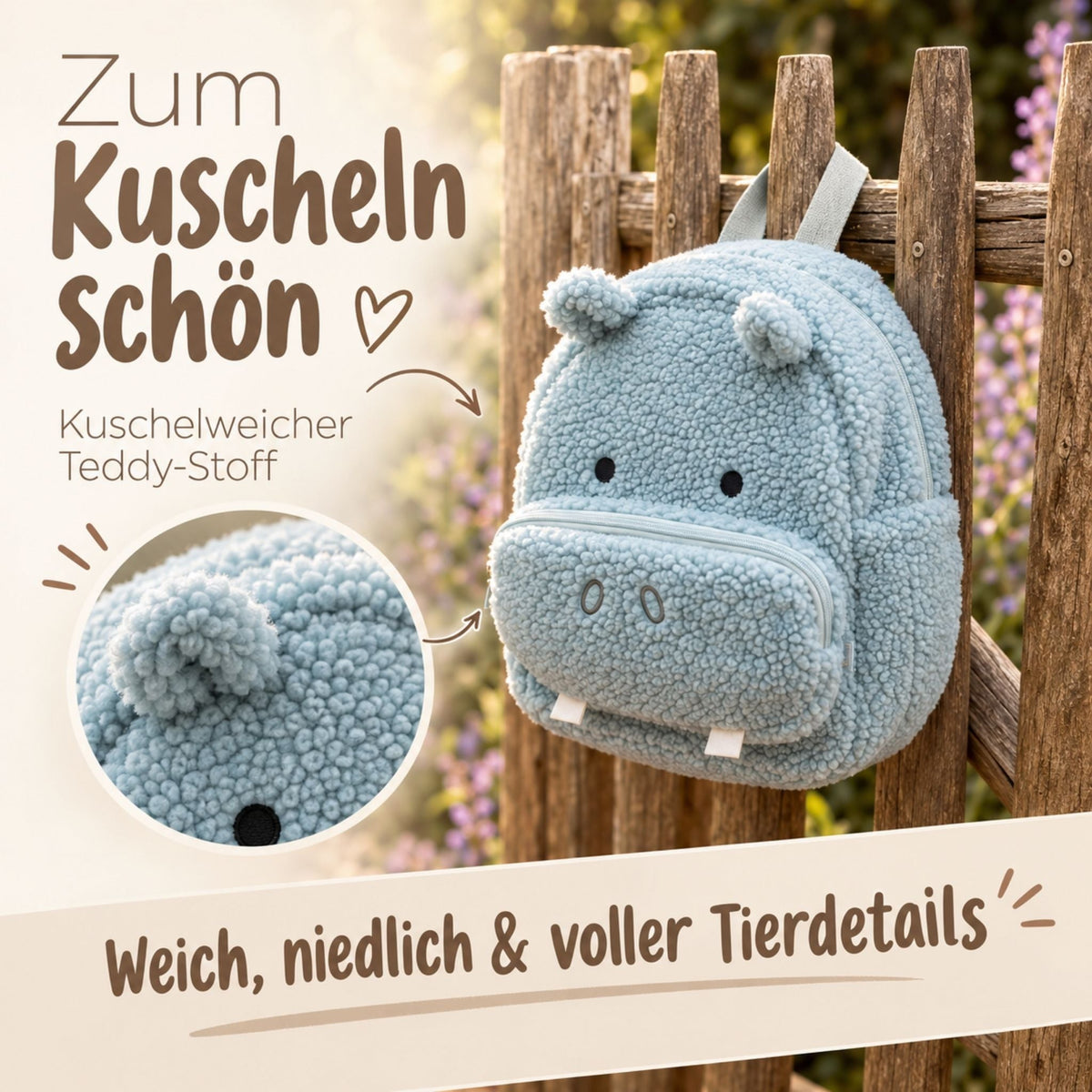 JOLLEIN Kinder Rucksack personalisiert - Hase, Hippo, Strauß - wunderwunsch