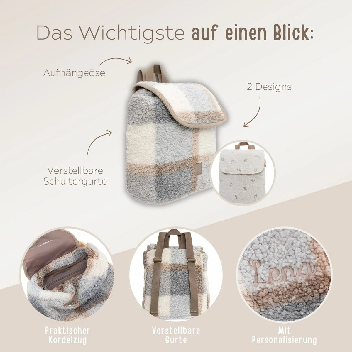 JOLLEIN Kinder Tagesrucksack personalisiert - Zweige oder Kariert - wunderwunsch