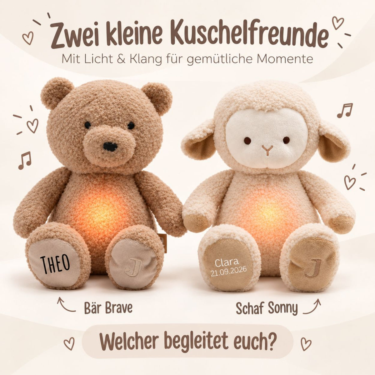 JOLLEIN Kuscheltier mit Licht & Sound personalisiert - wunderwunsch