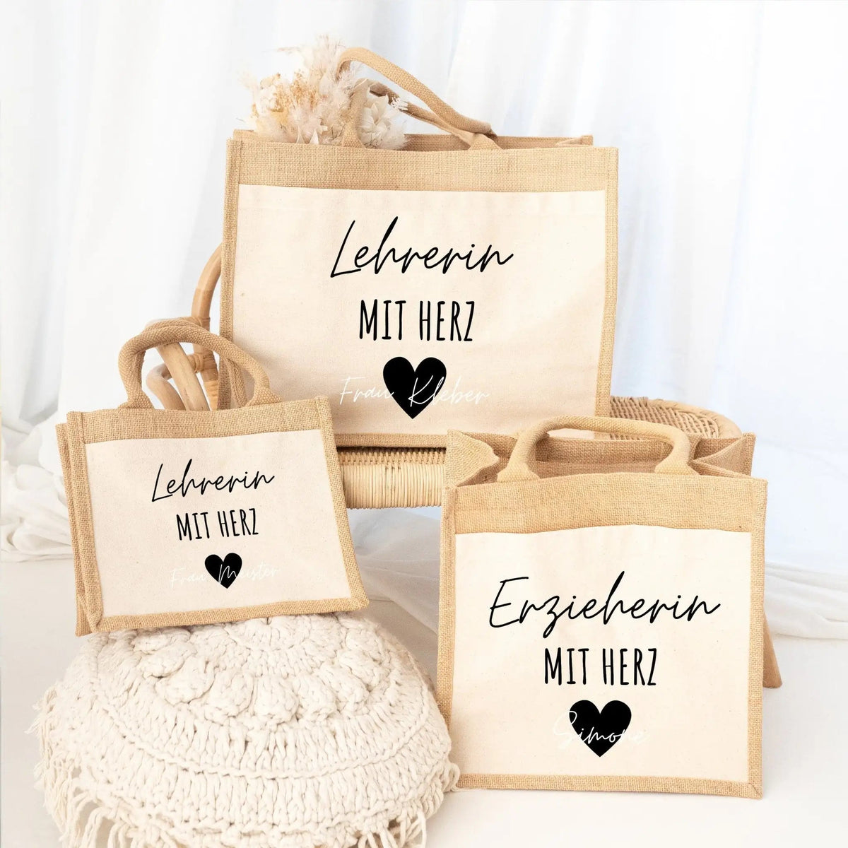 Jutetasche mit Stoffbesatz - Erzieherin/Lehrerin mit Herz - wunderwunsch