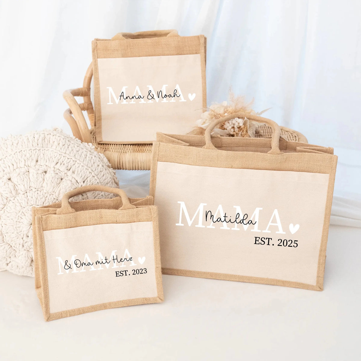 Jutetasche mit Stoffbesatz - Mama est. - wunderwunsch