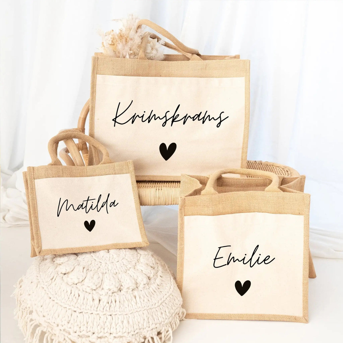 Jutetasche mit Stoffbesatz - Name Herz - wunderwunsch