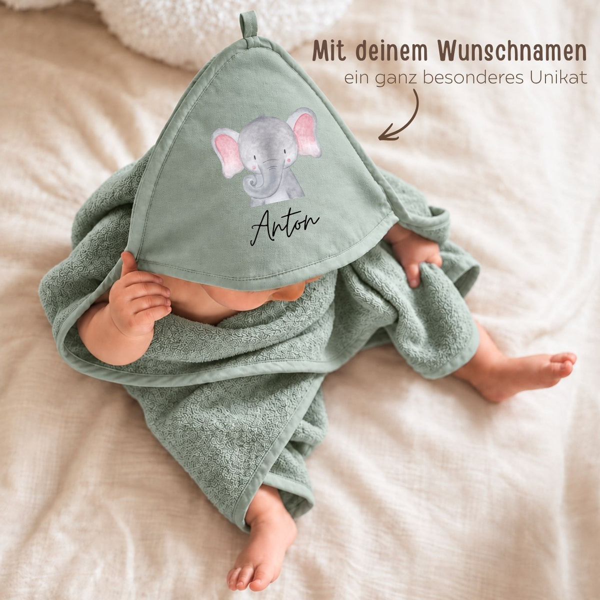 Kapuzenhandtuch aus Baumwolle personalisiert - Tier (geschwungene Schrift) - wunderwunsch