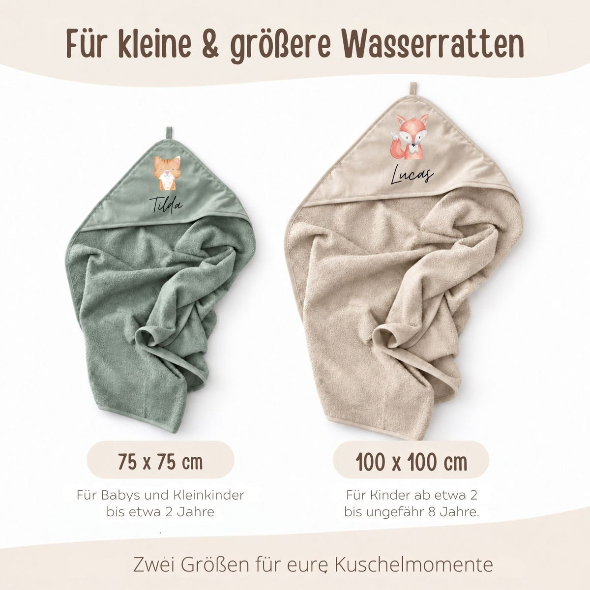 Kapuzenhandtuch aus Baumwolle personalisiert - Tier (geschwungene Schrift) - wunderwunsch