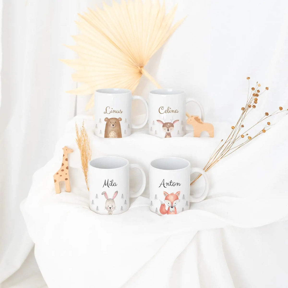 Keramik Kindertasse personalisiert - Tier Wald Aquarell - wunderwunsch