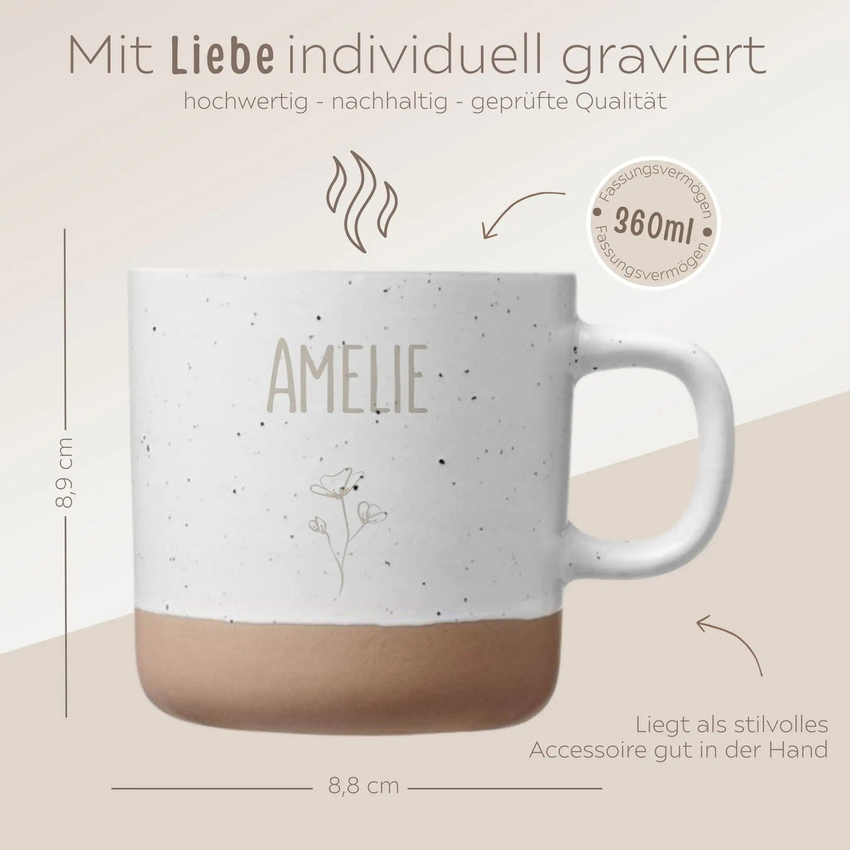 Keramikbecher Steingut - Name und Blume - wunderwunsch