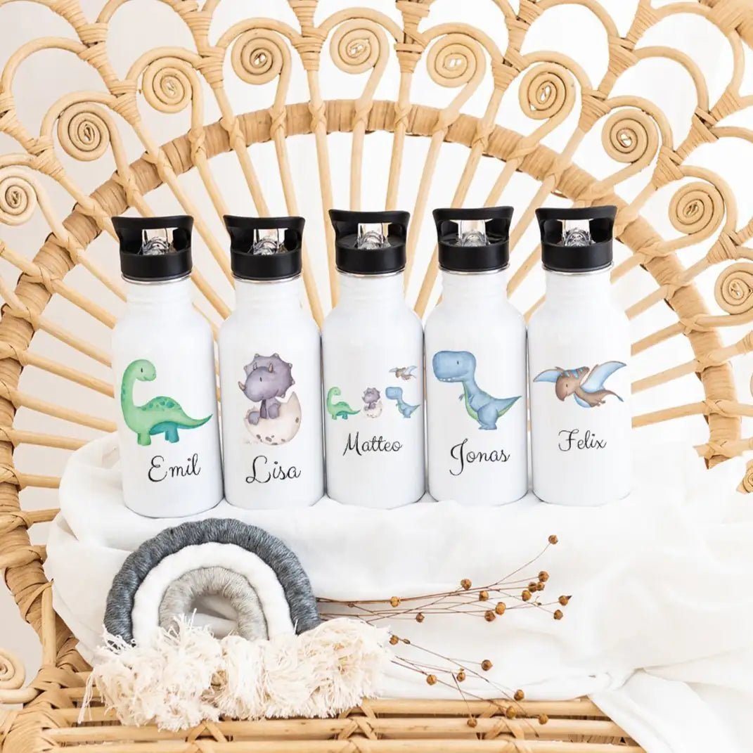 Kinder Trinkflasche weiß mit Trinkhalm personalisiert - Dinosaurier Aquarell - wunderwunsch