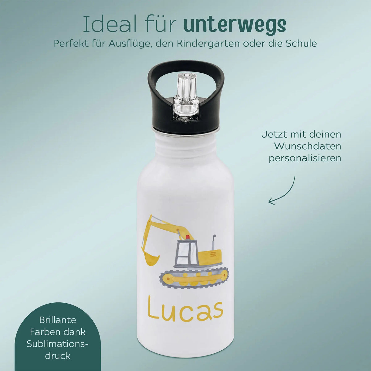 Kinder Trinkflasche weiß mit Trinkhalm personalisiert - Fahrzeug Aquarell - wunderwunsch