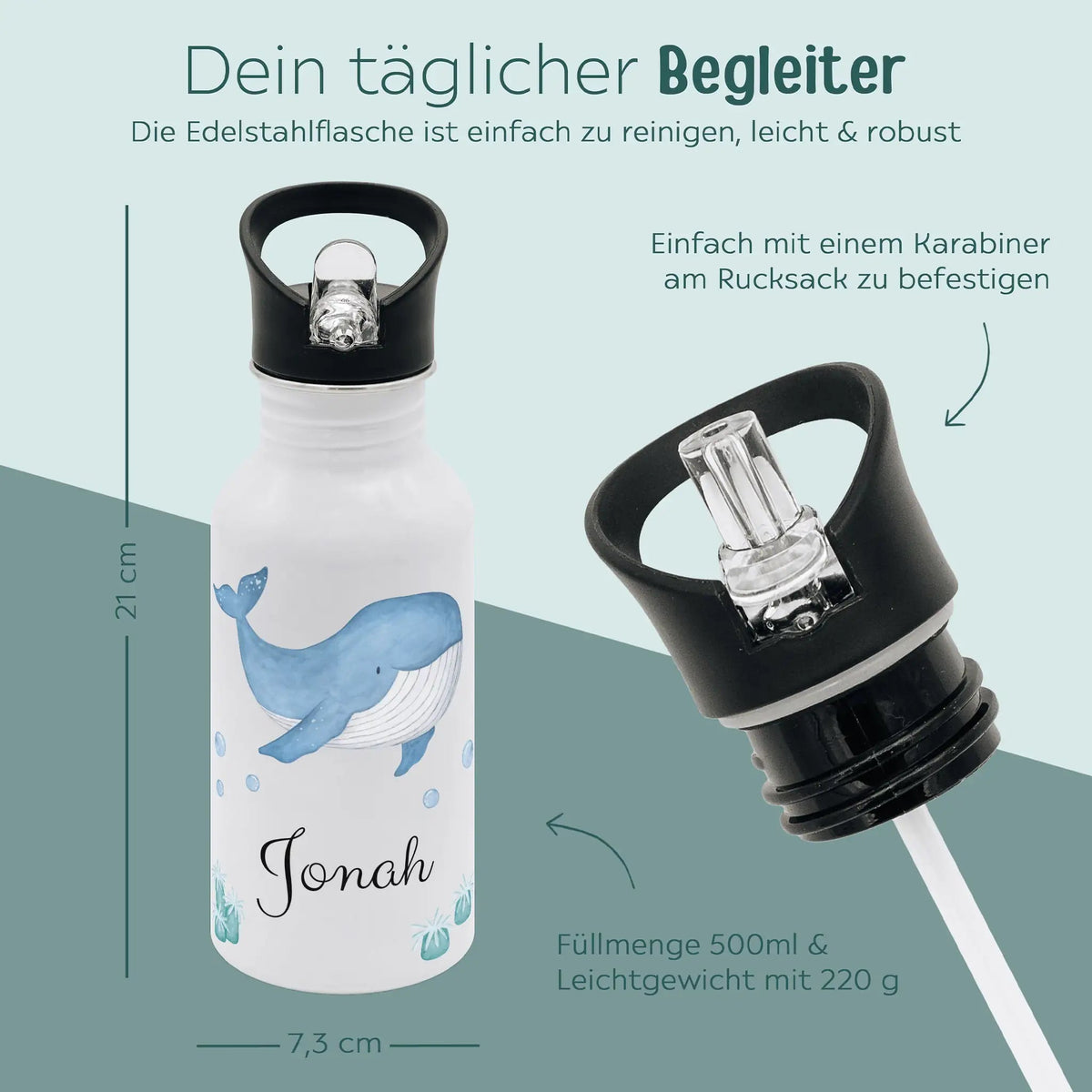 Kinder Trinkflasche weiß mit Trinkhalm personalisiert - Meerestier Aquarell - wunderwunsch