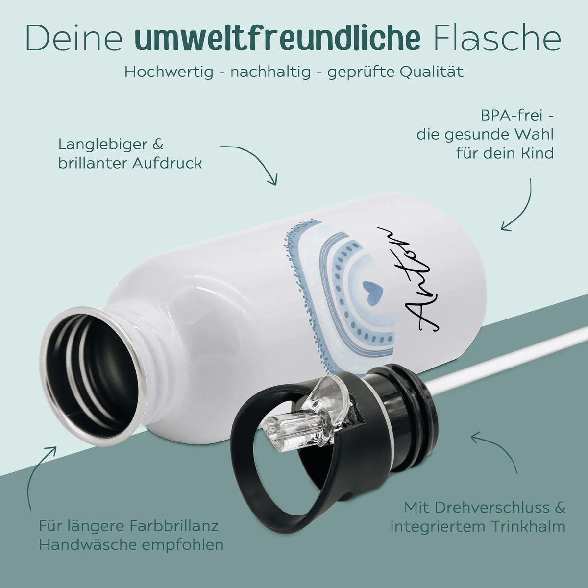 Kinder Trinkflasche weiß mit Trinkhalm personalisiert - Regenbogen Punkte Aquarell - wunderwunsch