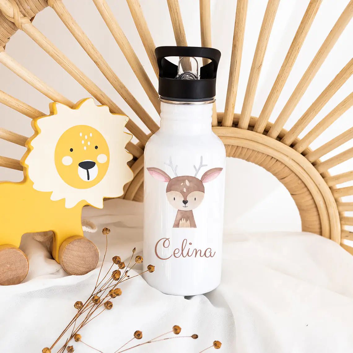 Kinder Trinkflasche weiß mit Trinkhalm personalisiert - Tier Aquarell - wunderwunsch