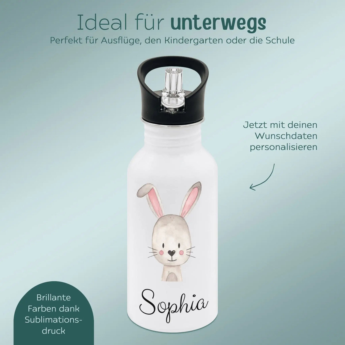 Kinder Trinkflasche weiß mit Trinkhalm personalisiert - Tier Aquarell - wunderwunsch