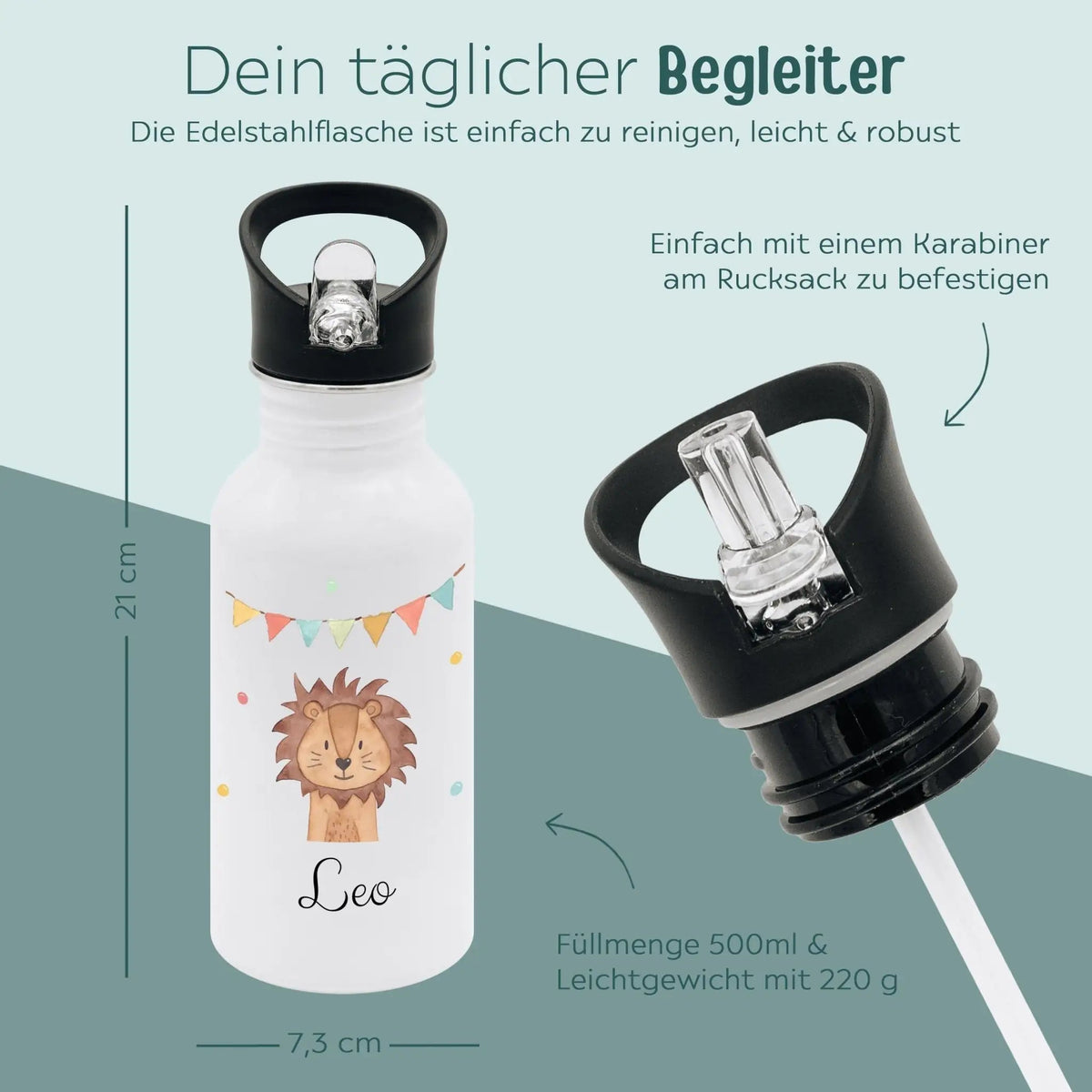 Kinder Trinkflasche weiß mit Trinkhalm personalisiert - Tier Girlande Aquarell - wunderwunsch