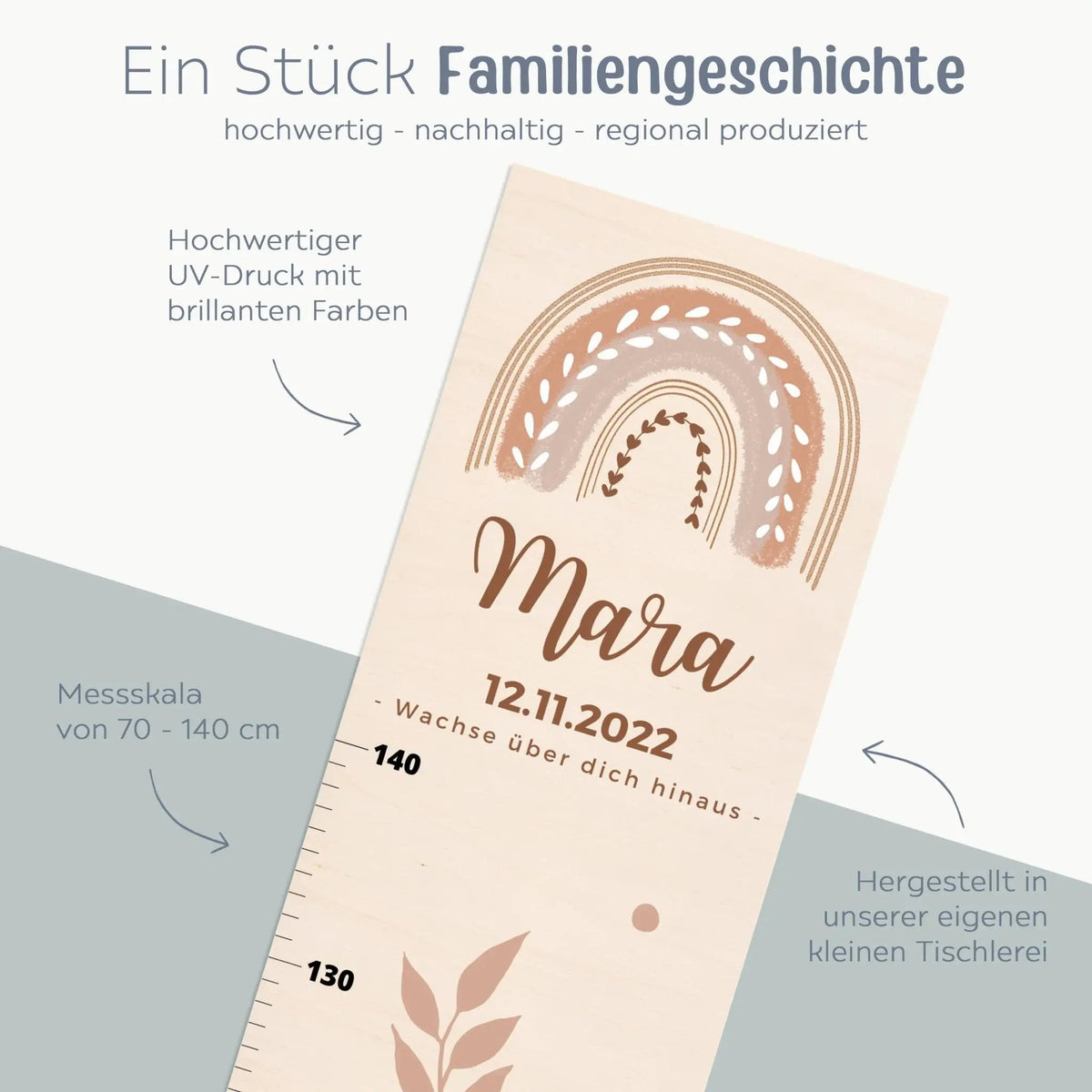 Kindermesslatte Holz personalisiert - Regenbogen Boho pastell Aquarell - wunderwunsch