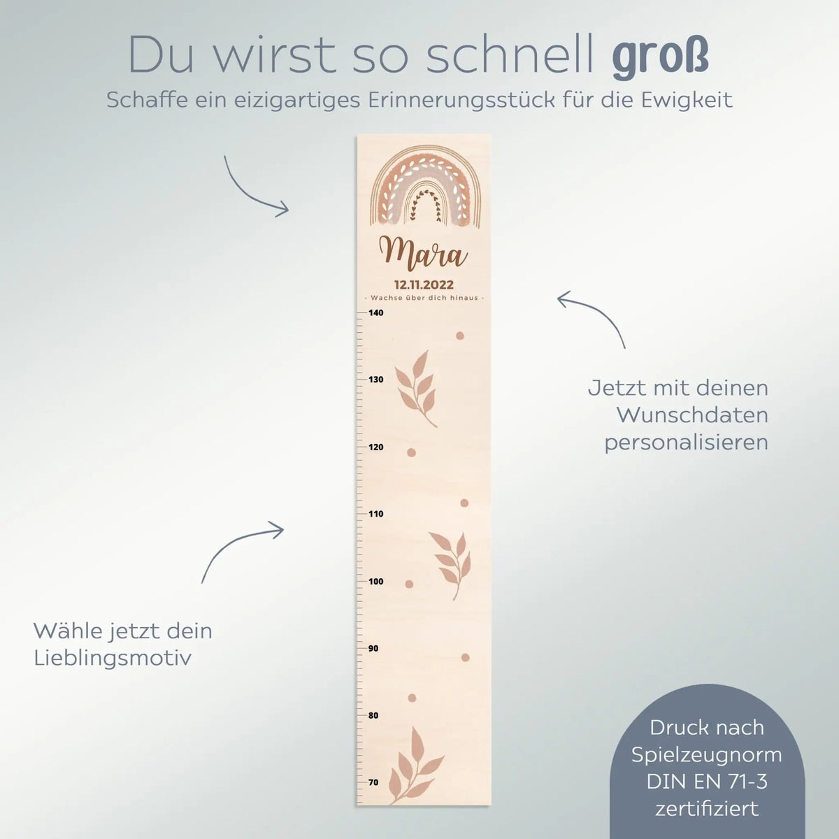 Kindermesslatte Holz personalisiert - Regenbogen Boho pastell Aquarell - wunderwunsch
