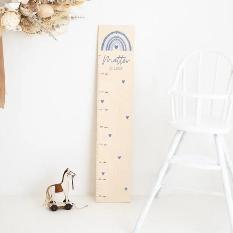 Kindermesslatte Holz personalisiert - Regenbogen Punkte Aquarell - wunderwunsch