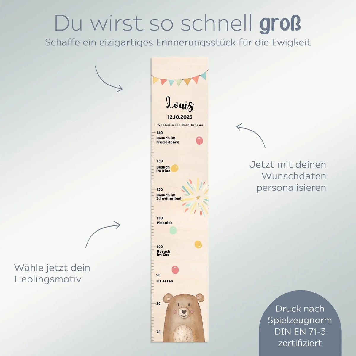 Kindermesslatte Holz personalisiert - Tier "Meilensteine" Aquarell - wunderwunsch