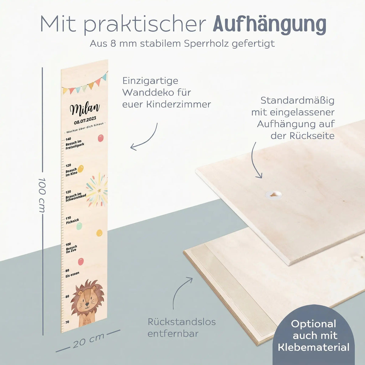 Kindermesslatte Holz personalisiert - Tier "Meilensteine" Aquarell - wunderwunsch