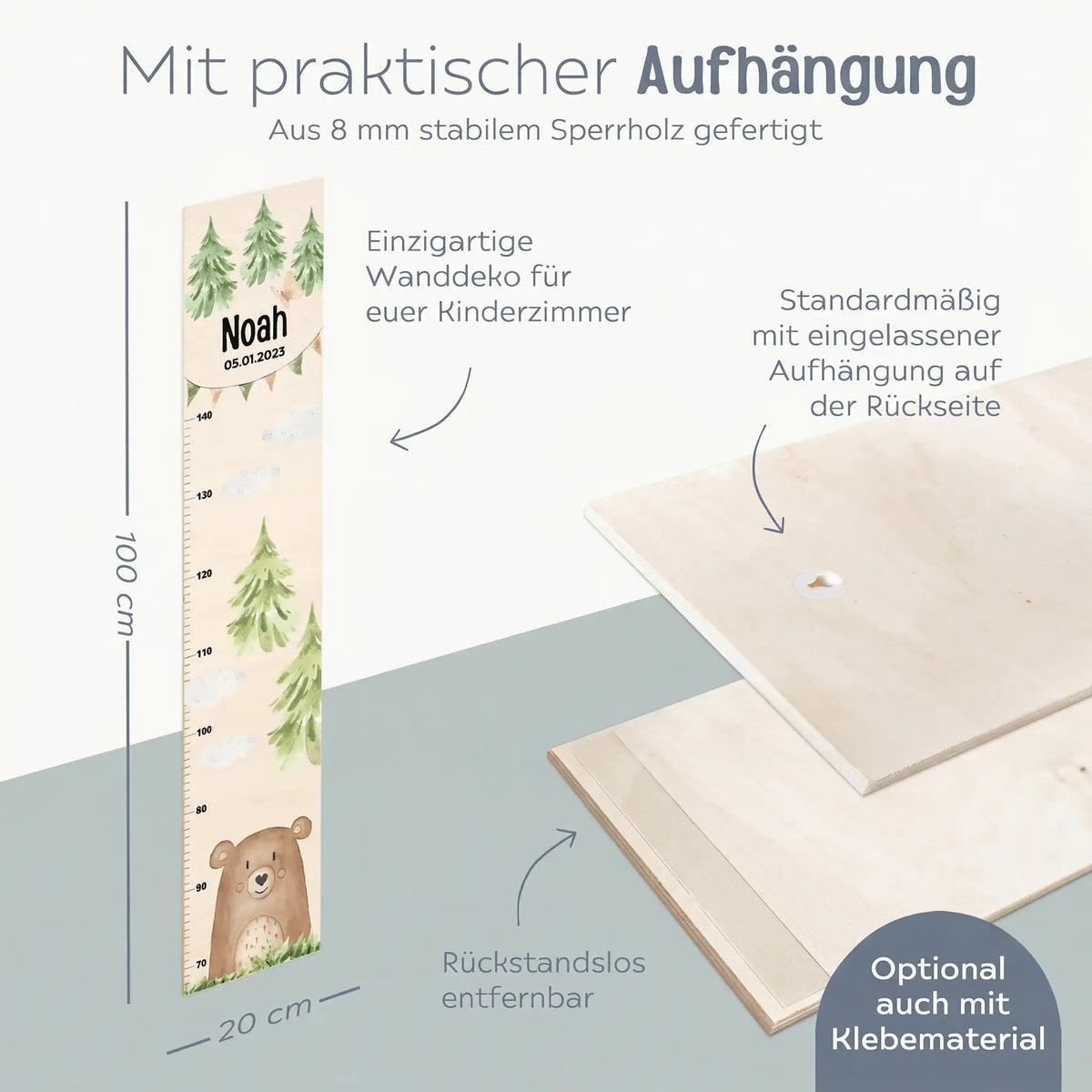 Kindermesslatte Holz personalisiert - Tier Wald Aquarell - wunderwunsch